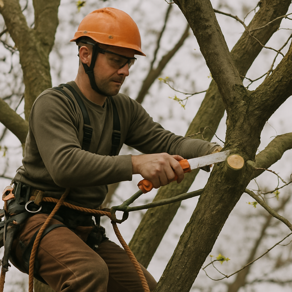 Professional arborist pruning a tree