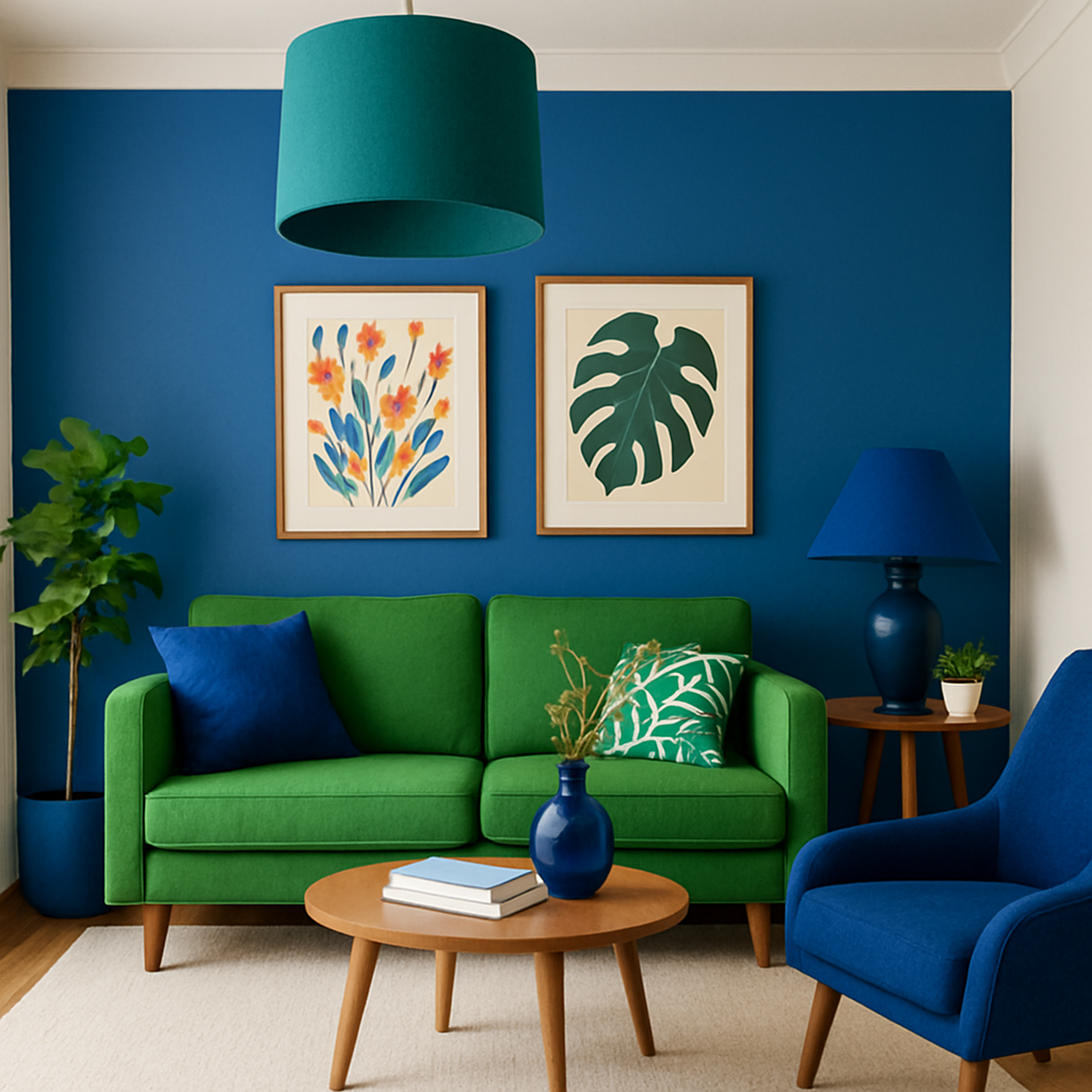 Living room with bold blue and green accents